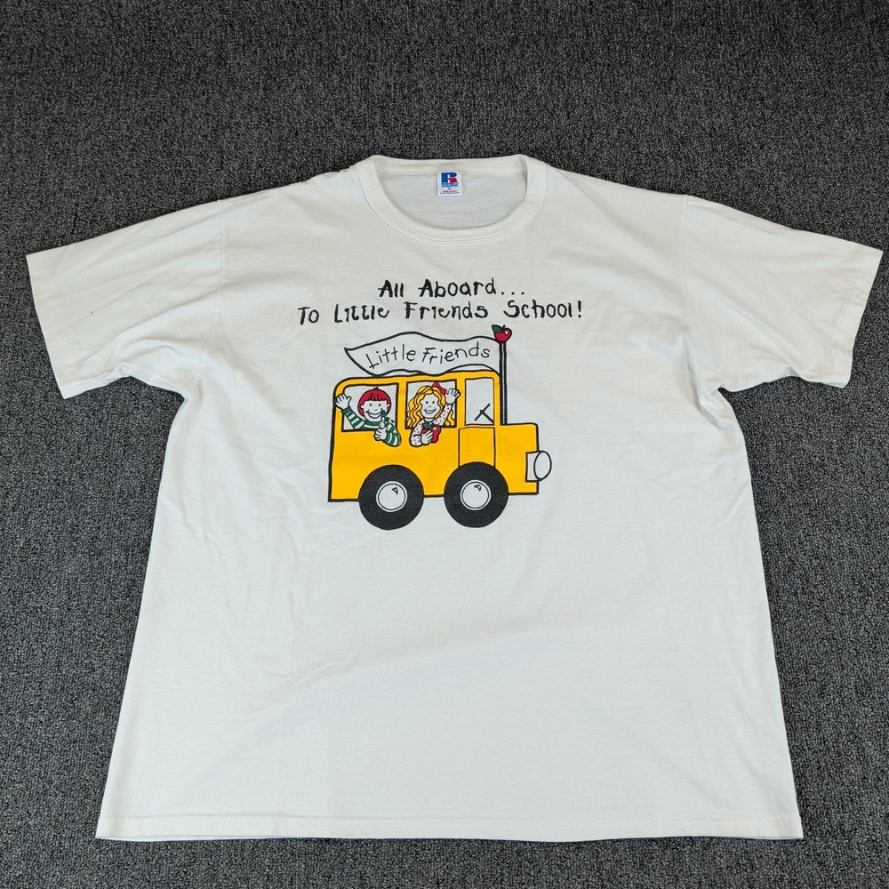 Russell Athletic Womens XL T-Shirt White Cotton Blend Little Friends School Bus